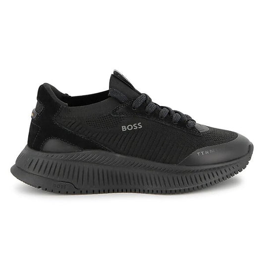 BOSS Boys Black Logo Trainers with Knitted Uppers and Suede Trims