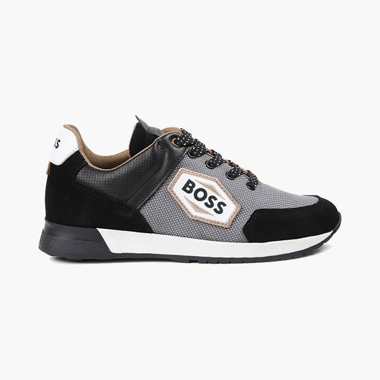 BOSS Boys Black & Grey Logo Trainers