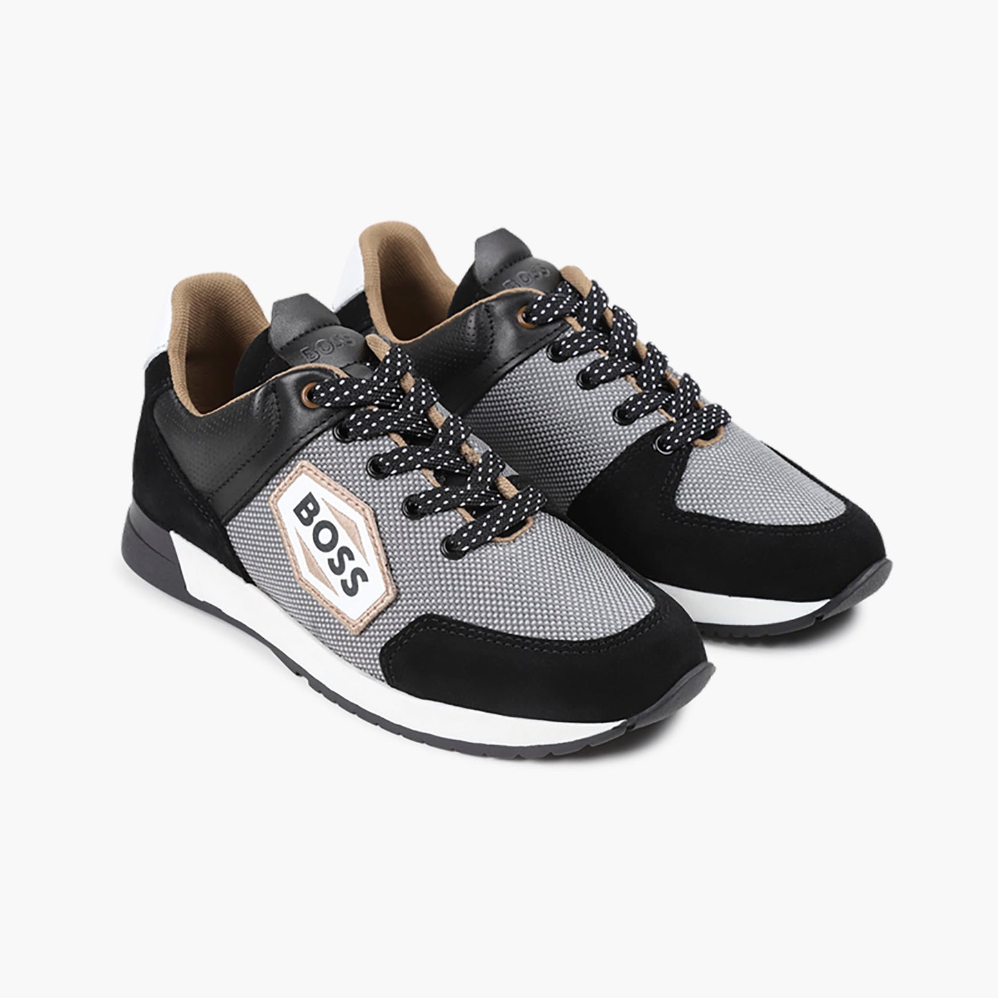 BOSS Boys Black & Grey Logo Trainers