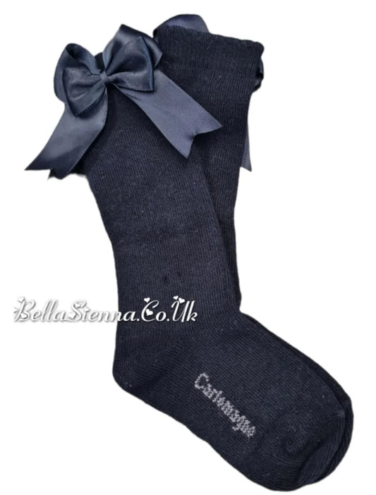 CARLOMAGNO Girls UKG2 Navy Ribbon Bow Socks