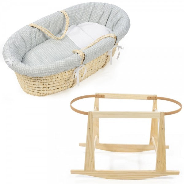 Pasito a Pasito Natural Wicker Baby Basket + Maria Grey Stand and Lining