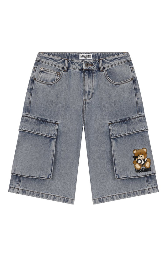 MOSCHINO Boys Blue Logo Denim Cargo Shorts