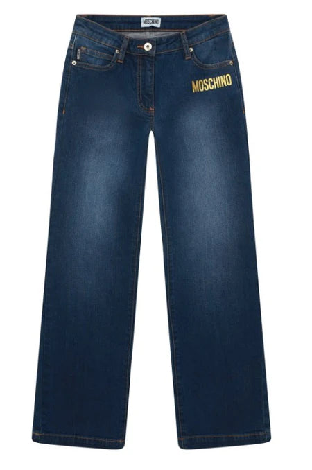 MOSCHINO Girls Regular Fit Blue Logo Denim Jeans