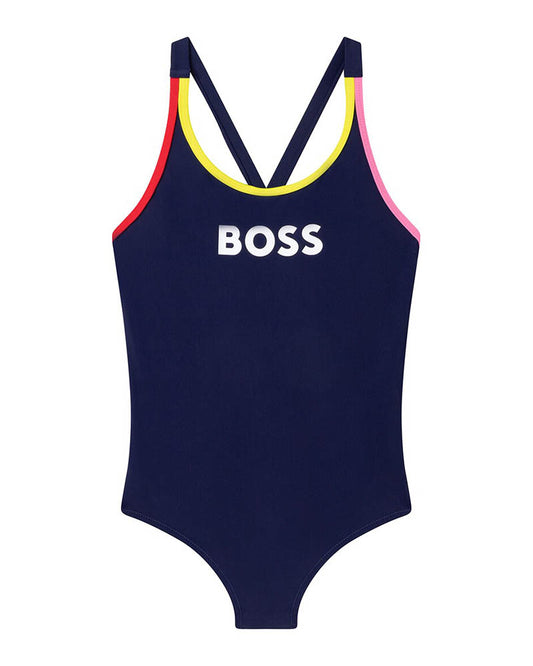 BOSS Girls Navy Blue Logo Swimming Costume