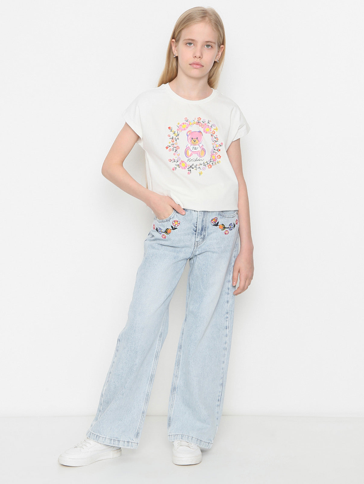 MOSCHINO Girls Cotton Jeans with Embroidery