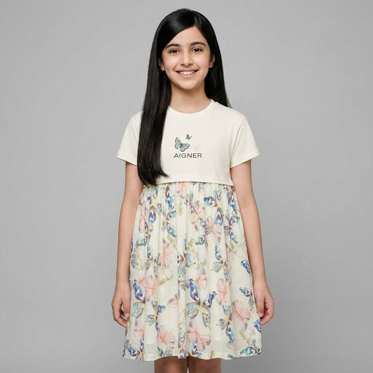 AIGNER Girls Ivory Butterflies Logo Dress