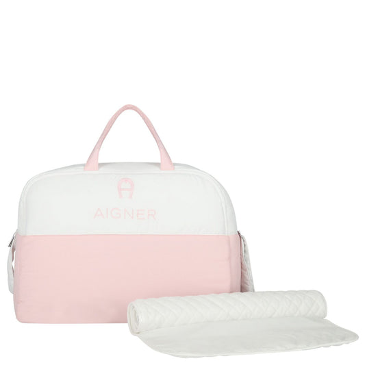 AIGNER Baby Girls White & Pink Logo Changing Bag with Mat