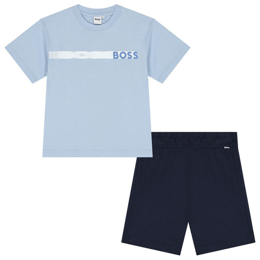 BOSS Boys Baby Blue & Navy Blue Logo Shorts Set