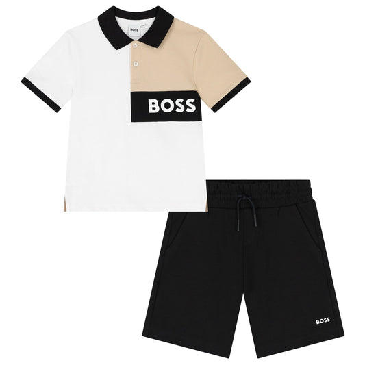 BOSS Boys White & Black Logo Shorts Set