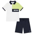 BOSS Boys White & Navy Blue Logo Shorts Set