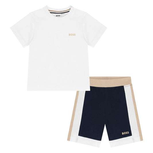 BOSS Younger Boys White & Navy Blue Shorts Set