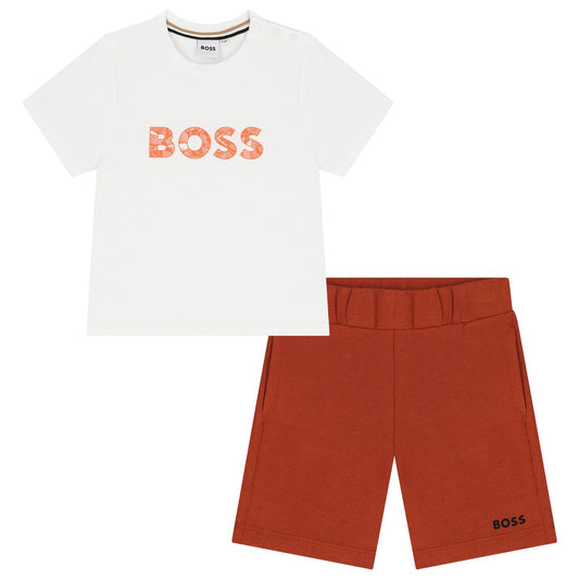 BOSS Younger Boys White & Rust Orange Shorts Set