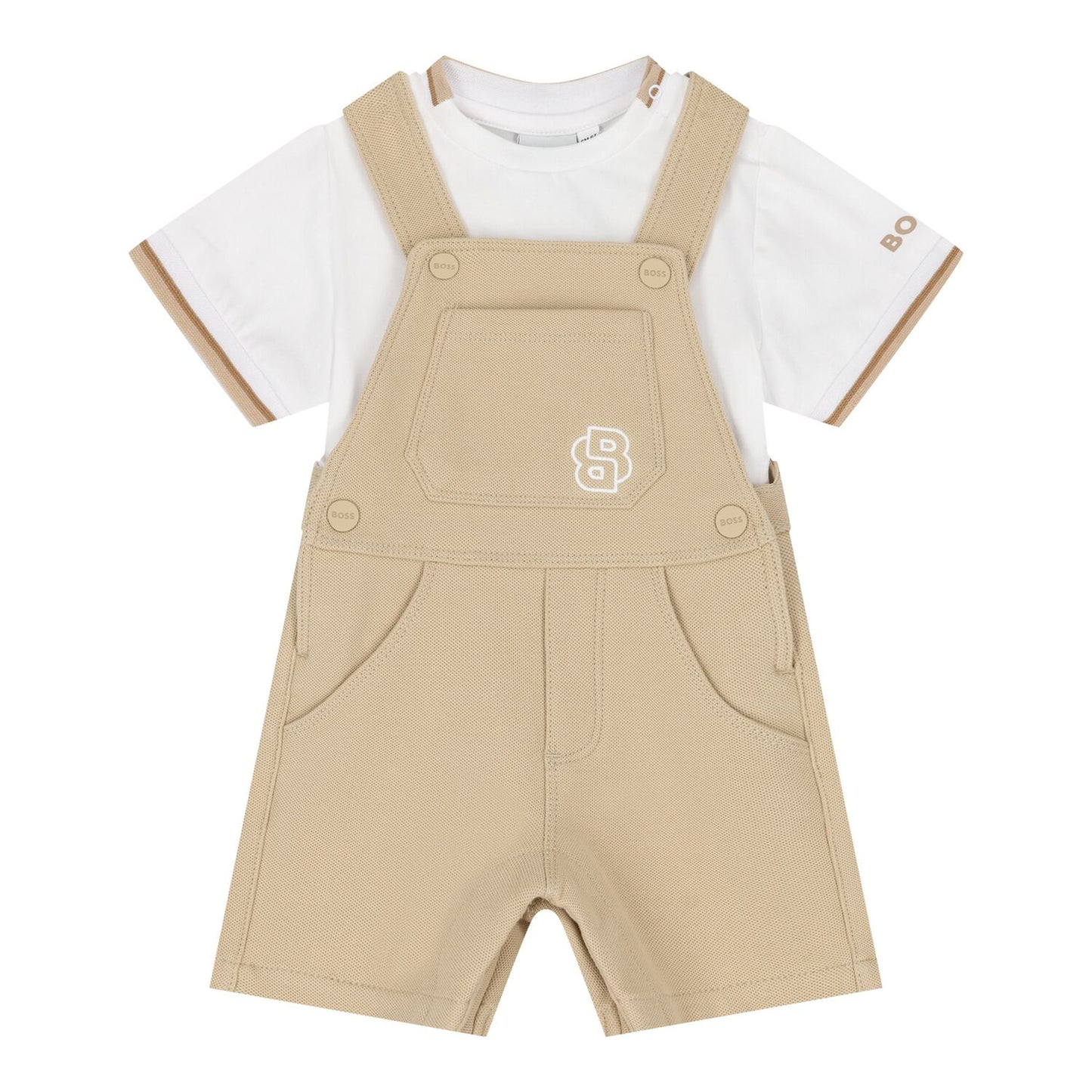BOSS Baby Boys Beige & White Logo Dungaree Set