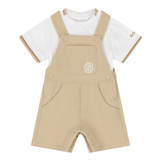 BOSS Baby Boys Beige & White Logo Dungaree Set