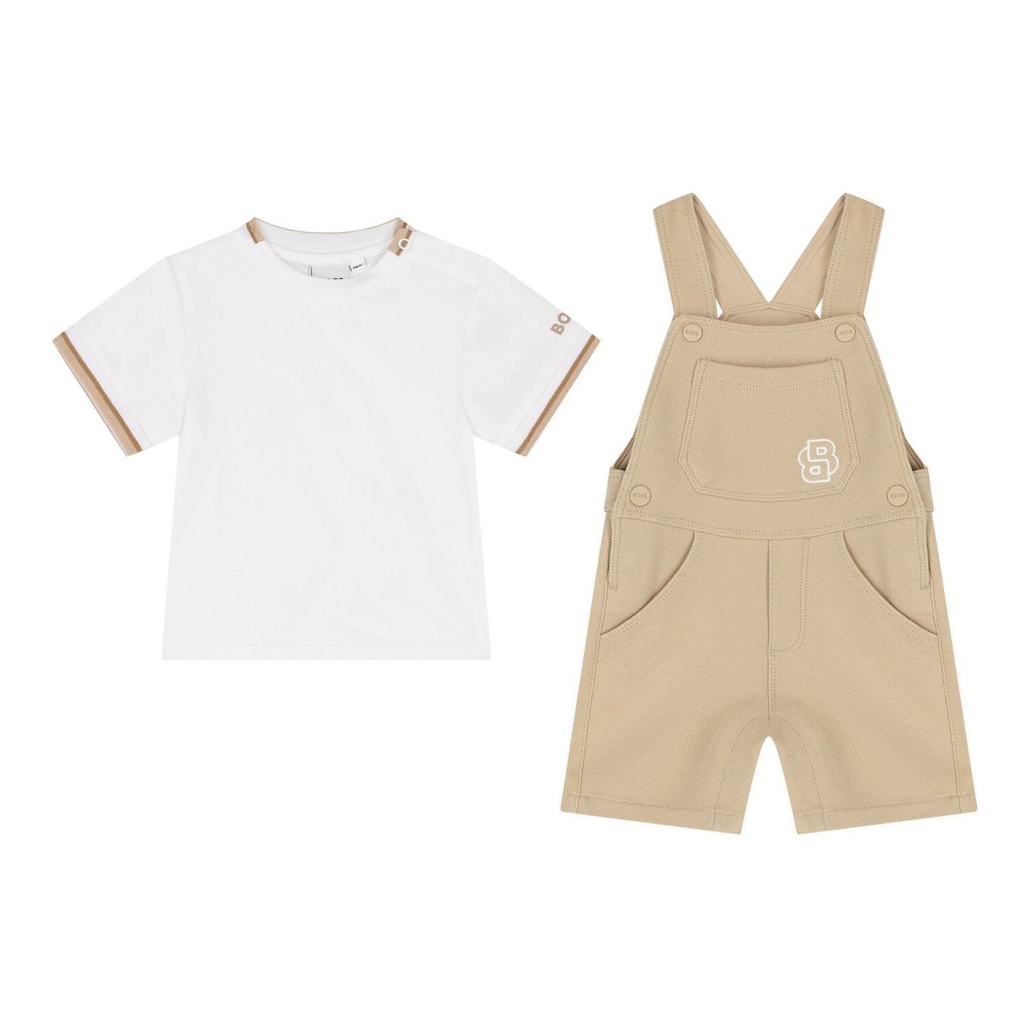BOSS Baby Boys Beige & White Logo Dungaree Set