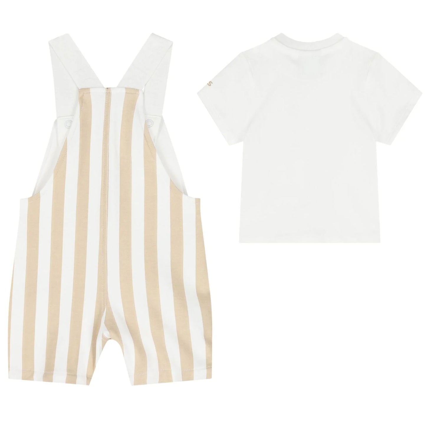BOSS Baby Boys White & Beige Striped Logo Dungaree Set