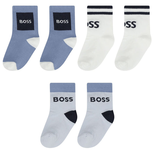 BOSS Baby Boys White & Blue Logo Socks ( 3-Pack )