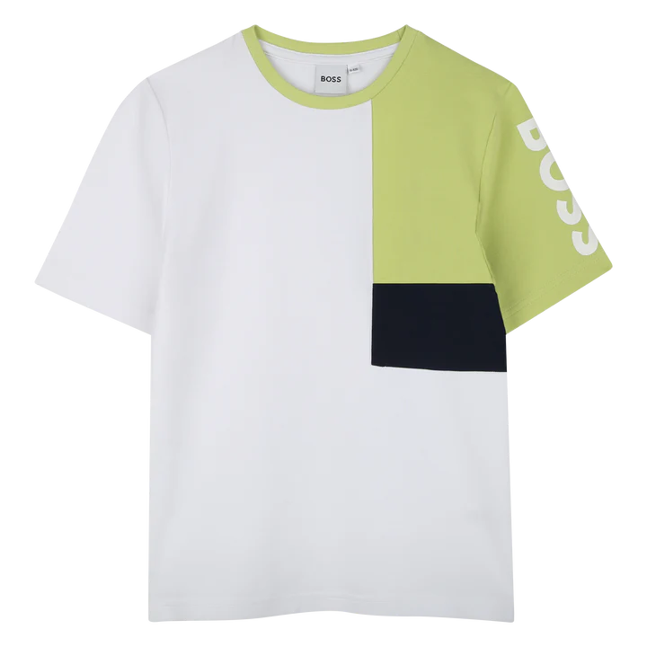 BOSS Boys White Shirt Lime Sleeve Asymmetric T-Shirt