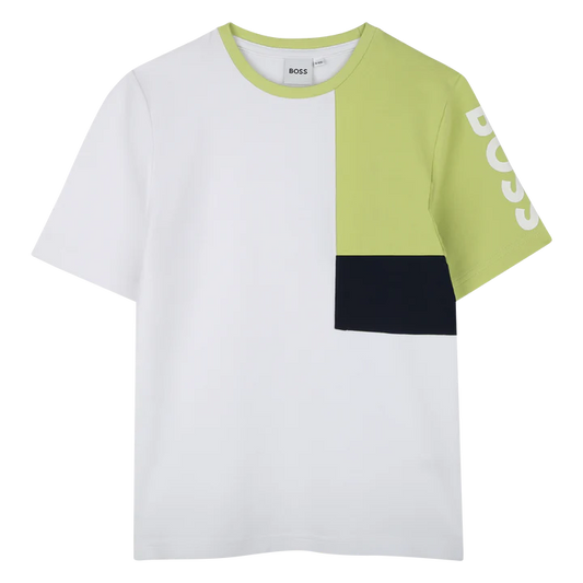 BOSS Boys White Shirt Lime Sleeve Asymmetric T-Shirt