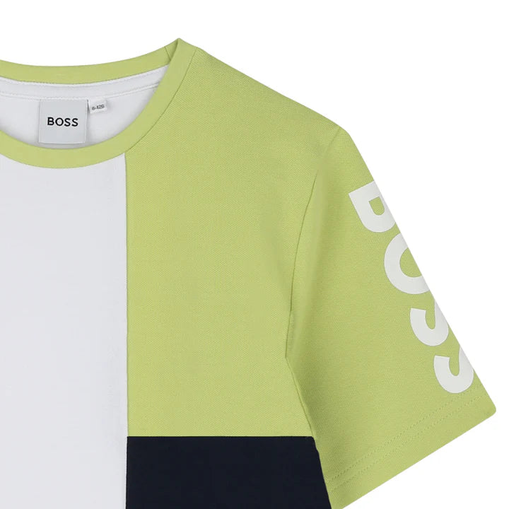 BOSS Boys White Shirt Lime Sleeve Asymmetric T-Shirt