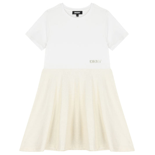 DKNY Girls Short Sleeved White/Gold Dress