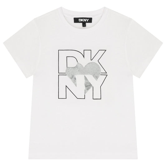 DKNY Girls Short Sleeved White Logo T-Shirt