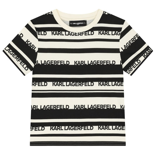 KARL LAGERFELD Boys Ivory & Black Striped Logo T-Shirt