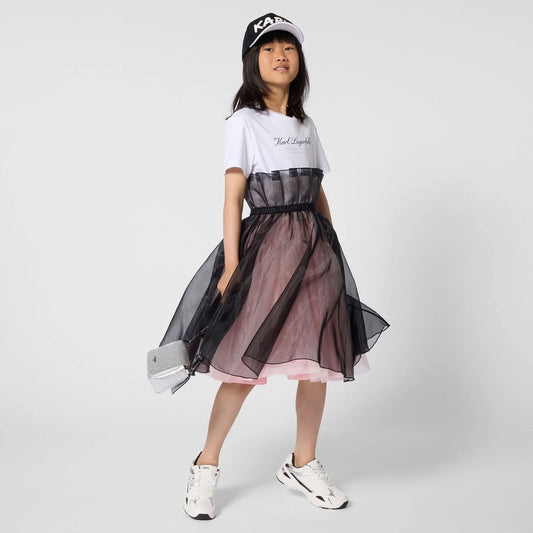 KARL LAGERFELD Girls White & Black Organza Dress