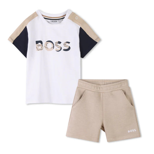 BOSS Younger Boys White & Beige Shorts Set