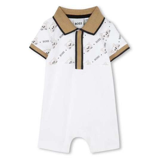 BOSS Baby Boys White/Beige Interlock Short Dungarees