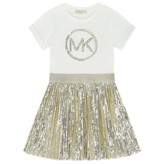 MICHAEL KORS Girls White/Gold Short Sleeved Logo Dress
