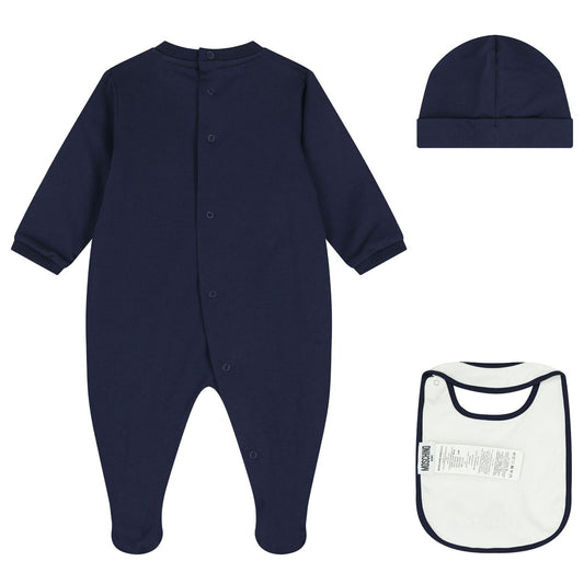 MOSCHINO Navy Blue Teddy Bear Logo Babygrow Gift Set