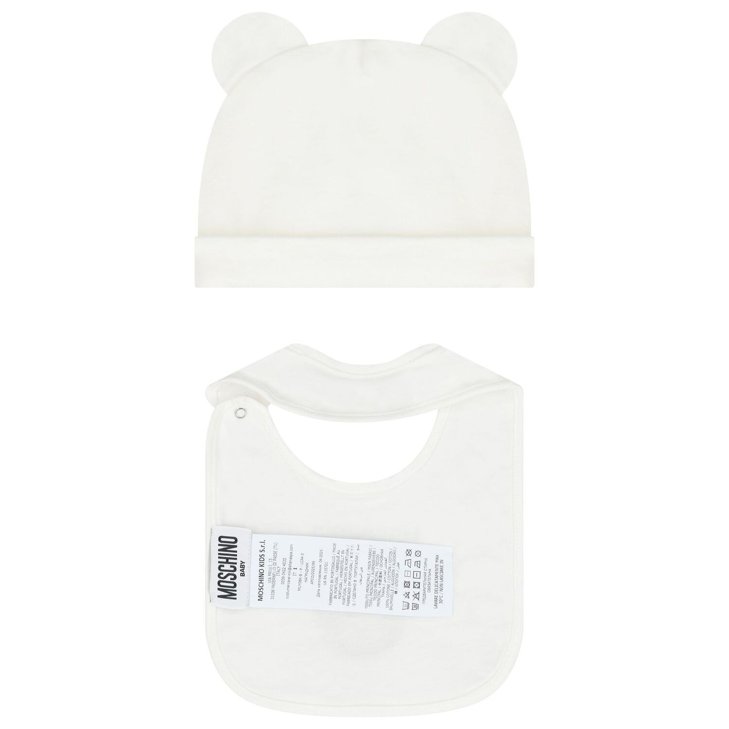 MOSCHINO White Teddy Bear Logo Hat & Bib Baby Gift Set