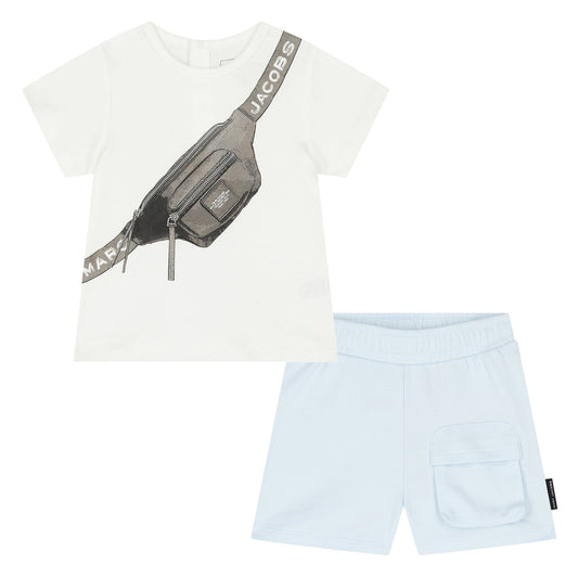 MARC JACOBS Younger Boys White & Baby Blue Logo Shorts Set