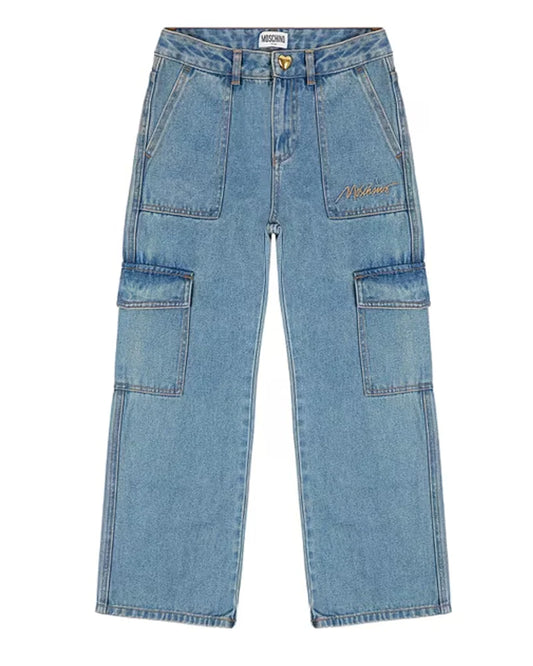 MOSCHINO Girls Wide Leg Blue Denim Jeans With Pockets