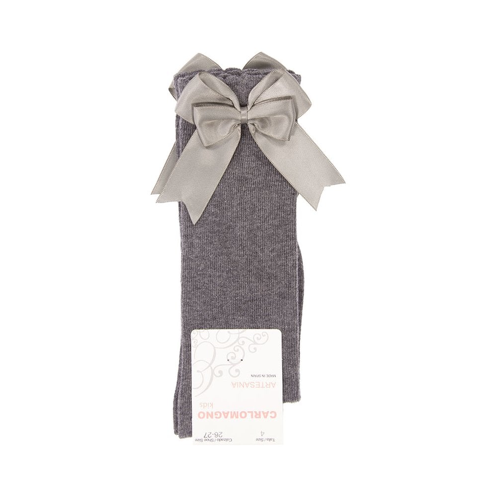 CARLOMAGNO Girls UKG2 Light Grey Ribbon Bow Socks