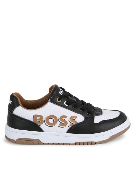 BOSS Unisex Black & White with Beige Sole  Logo Trainers