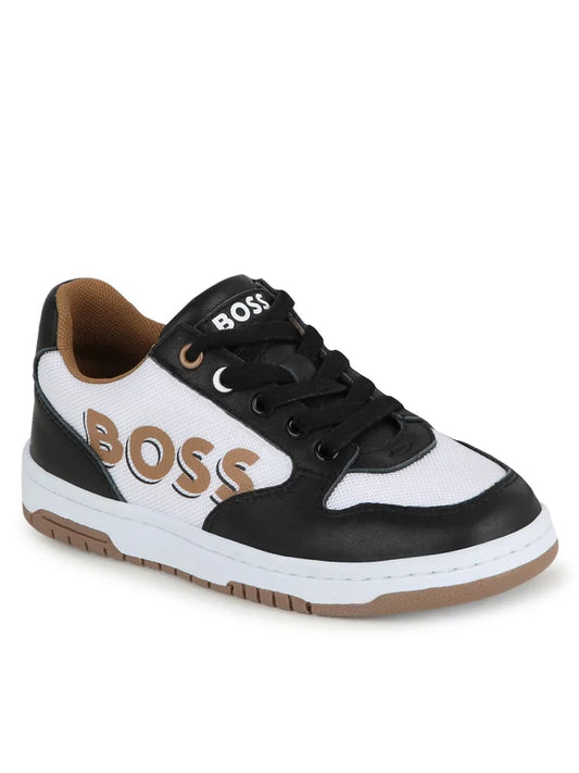 BOSS Unisex Black & White with Beige Sole  Logo Trainers