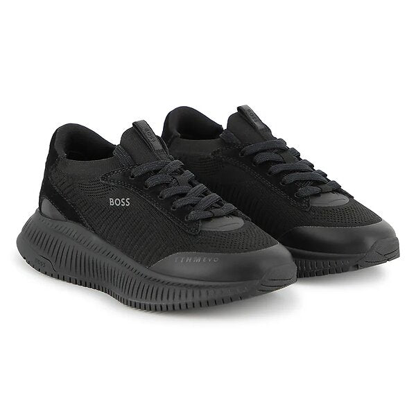 BOSS Boys Black Logo Trainers with Knitted Uppers and Suede Trims