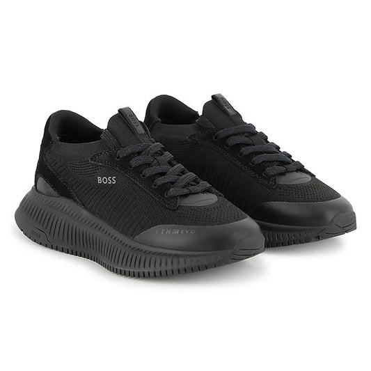 BOSS Boys Black Logo Trainers with Knitted Uppers and Suede Trims