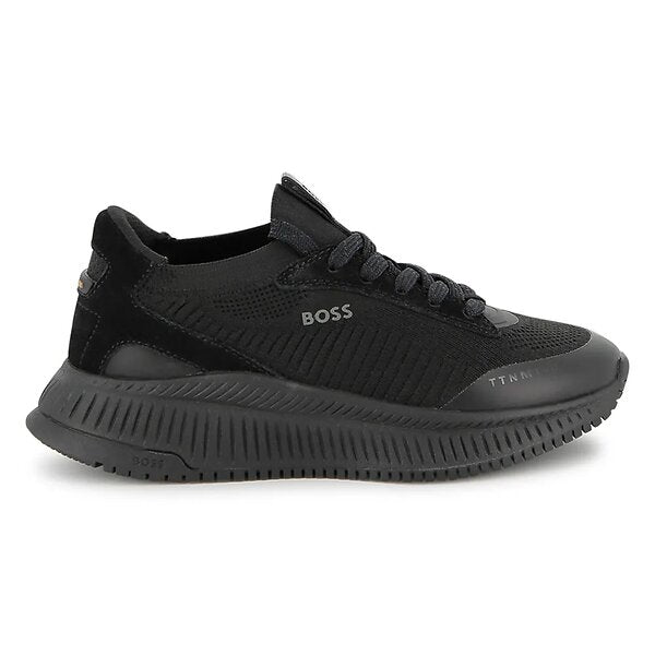 BOSS Boys Black Logo Trainers with Knitted Uppers and Suede Trims