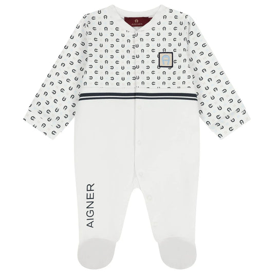 AIGNER Baby Boys White & Navy Blue Logo Babygrow