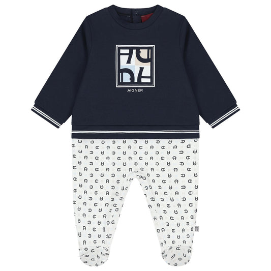 AIGNER Baby Boys Navy Blue & White Logo Babygrow