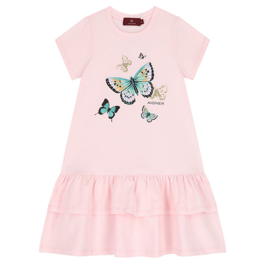 AIGNER Girls Pink Butterflies Logo Dress