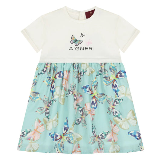 AIGNER Younger Girls Ivory & Blue Butterflies Logo Dress