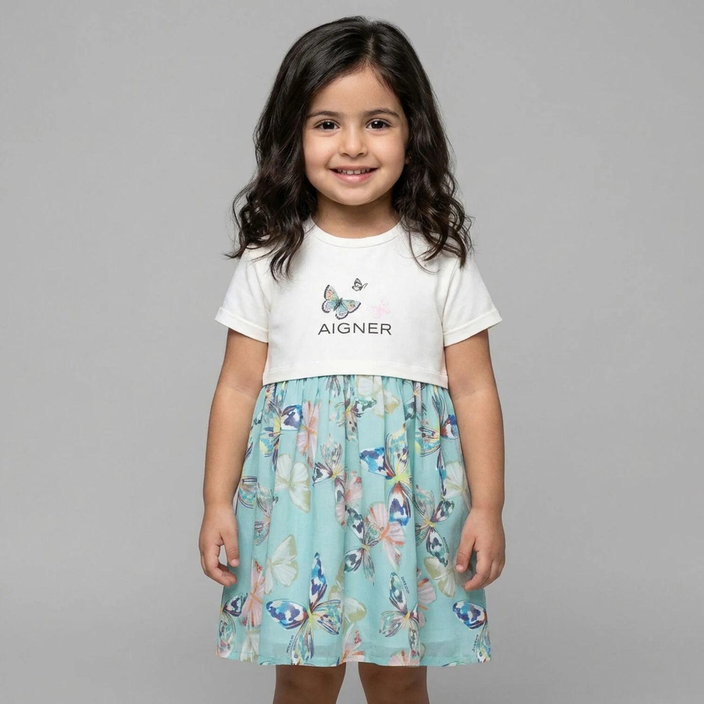 AIGNER Younger Girls Ivory & Blue Butterflies Logo Dress