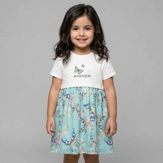 AIGNER Younger Girls Ivory & Blue Butterflies Logo Dress