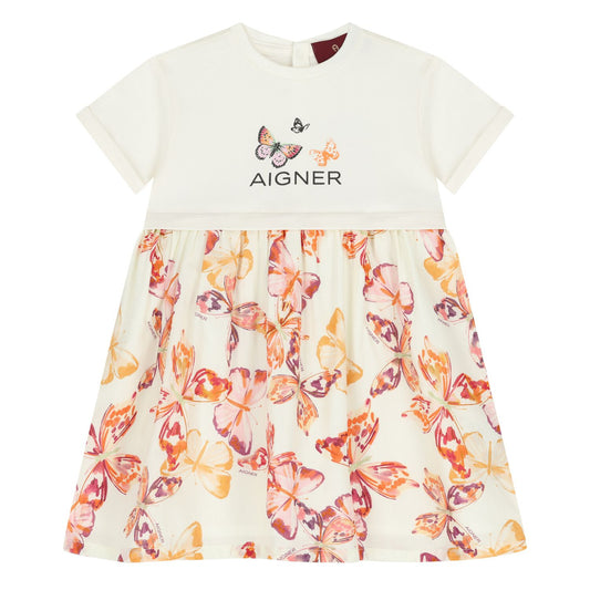 AIGNER Younger Girls Ivory & Pink Butterflies Logo Dress