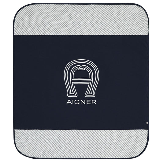 AIGNER Baby Boys Navy Blue & White Logo Baby Blanket
