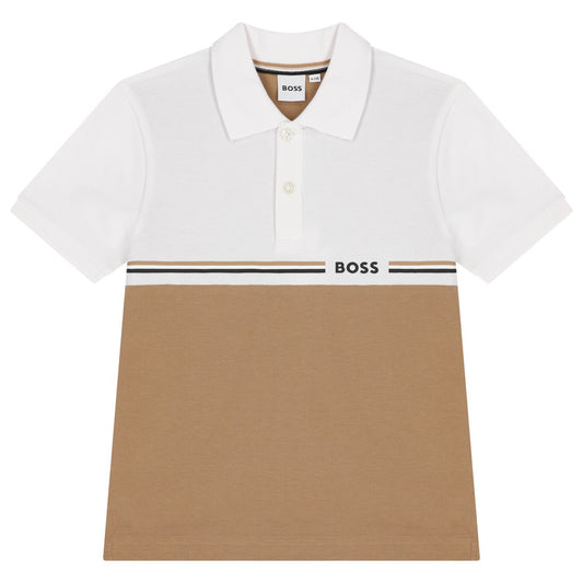 BOSS Boys White & Beige Logo Polo Shirt